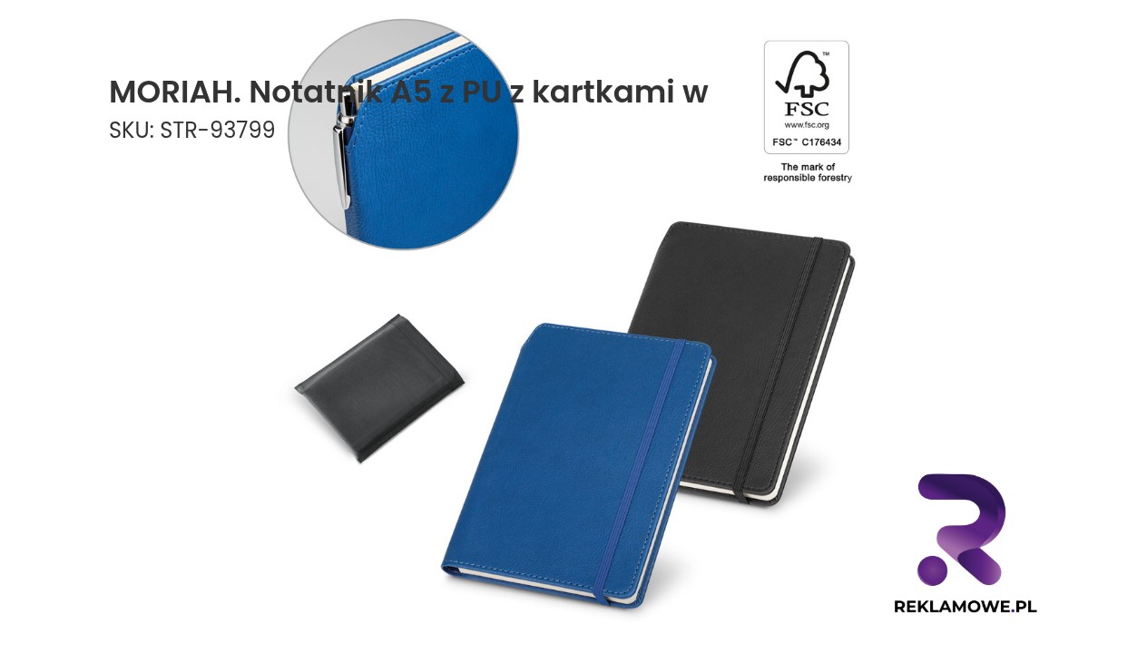 MORIAH. Notatnik A5 z PU z kartkami w linie, wykonany z materiałów z certyfikatem FSC™ i innych kontrolowanych materiałów Notatnik A5 MORIAH z okładką z eko-skóry i kartkami w linie