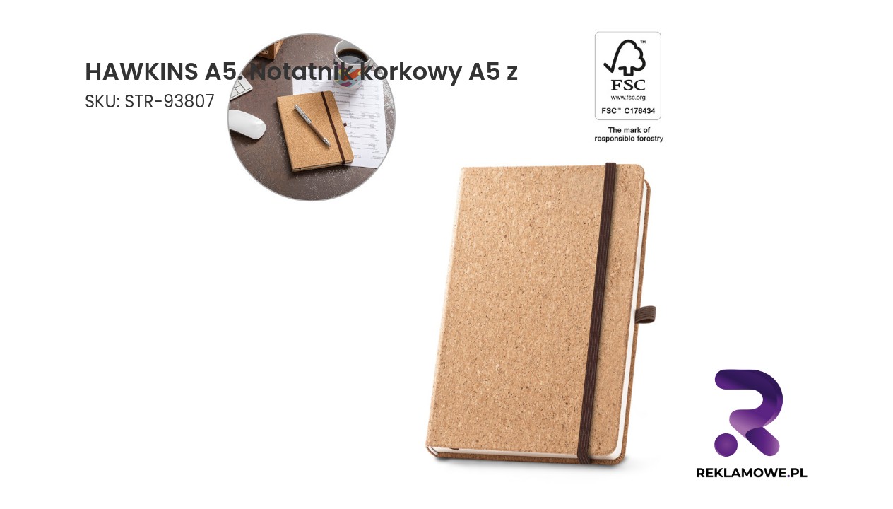 HAWKINS A5. Notatnik korkowy A5 z gładkimi stronami z certyfikowanego materiału FSC™ i innych kontrolowanych materiałów Korkowy notatnik w formacie A5 marki Hawkins
