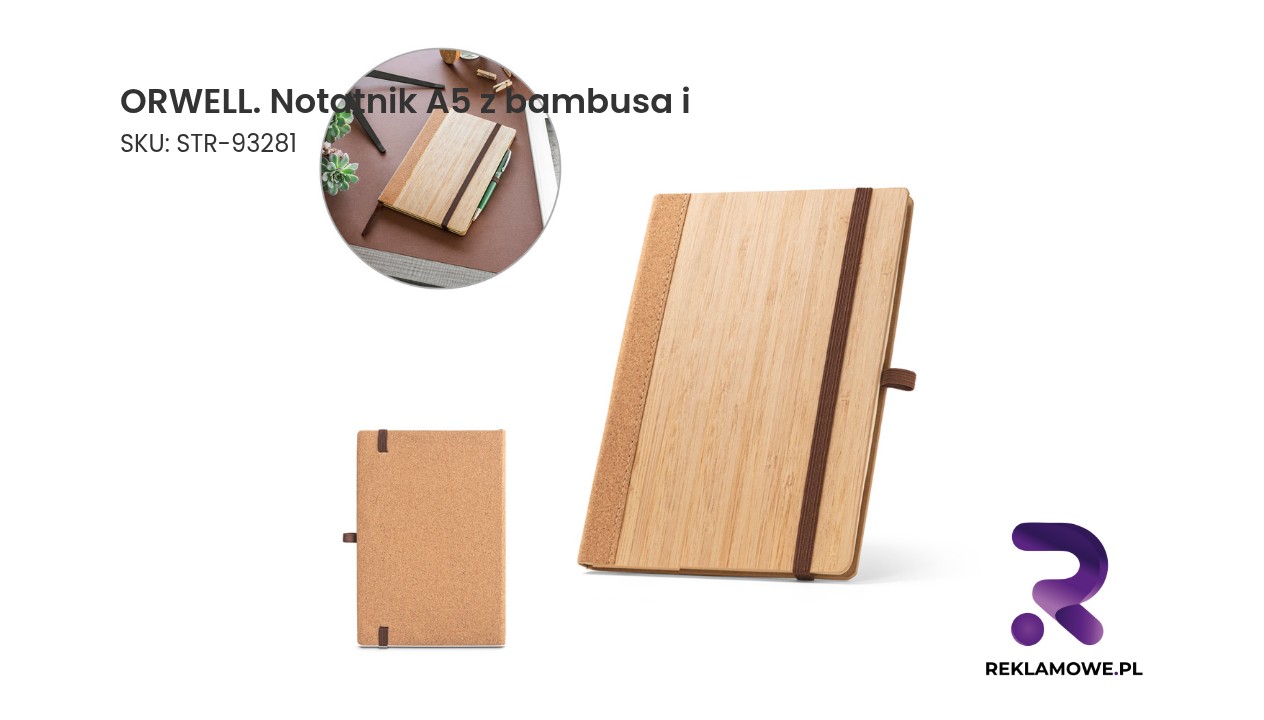 ORWELL. Notatnik A5 z bambusa i arkuszami z korka z kartkami w linie Notatnik A5 ORWELL wykonany z bambusa