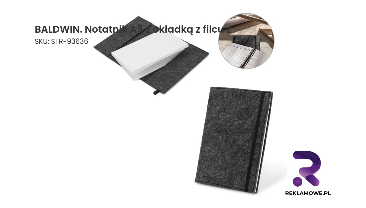 BALDWIN. Notatnik A5 z okładką z filcu z recyklingu (100% rPET) i stronami w linie w 100% z papieru pochodzącego z recyklingu BALDWIN notatnik A5 z okładką z filcu