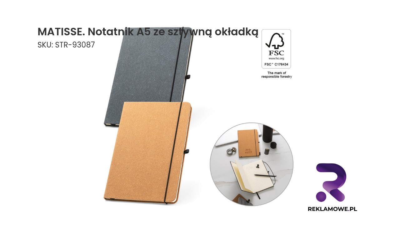 MATISSE. Notatnik A5 ze sztywną okładką ze kóry pochodzącej (70% recyklingu) z kartkami w linie MATISSE notatnik A5 ze sztywną okładką - elegancki notes do biura i szkoły